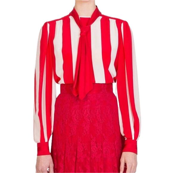 NWT Dolce & Gabbana Red White Striped Silk Crepe De Chine Blouse IT 40 S - Picture 1 of 11